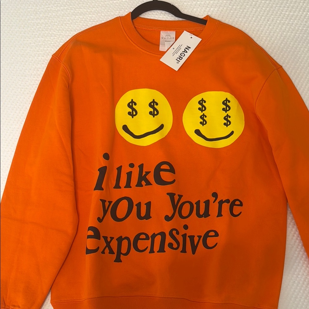 Men’s Orange Sweatshirt Medium Graphic Letter Crew Neck Pullover Hoodie NWT